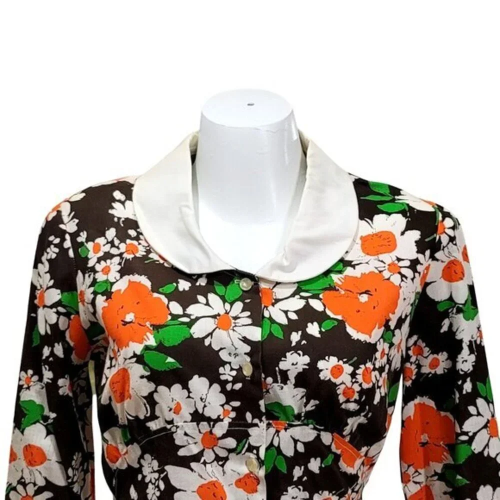 Vintage Floral Long Sleeve Blouse Top Shirt Peter Pan Collar Button Front - Picture 4 of 8